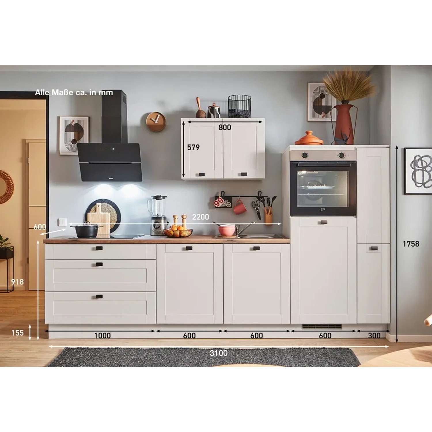 Moderne pino Küchenzeile, 310cm, Kaschmirgrau matt, mit Geräten und Apothekerschrank. Inklusive E-Geräte.