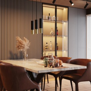 Sollux Loopez Hängeleuchte, 3-flammig, Schwarz und Gold, über Esstisch.