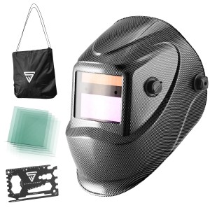 STAHLWERK Schweißhelm ST-450RC in Carbon Optik mit Zubehör wie Ersatzscheiben und Tasche.