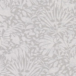 Grau-silberne Vliestapete mit Palmenblatt-Muster für Wohn- und Schlafräume.