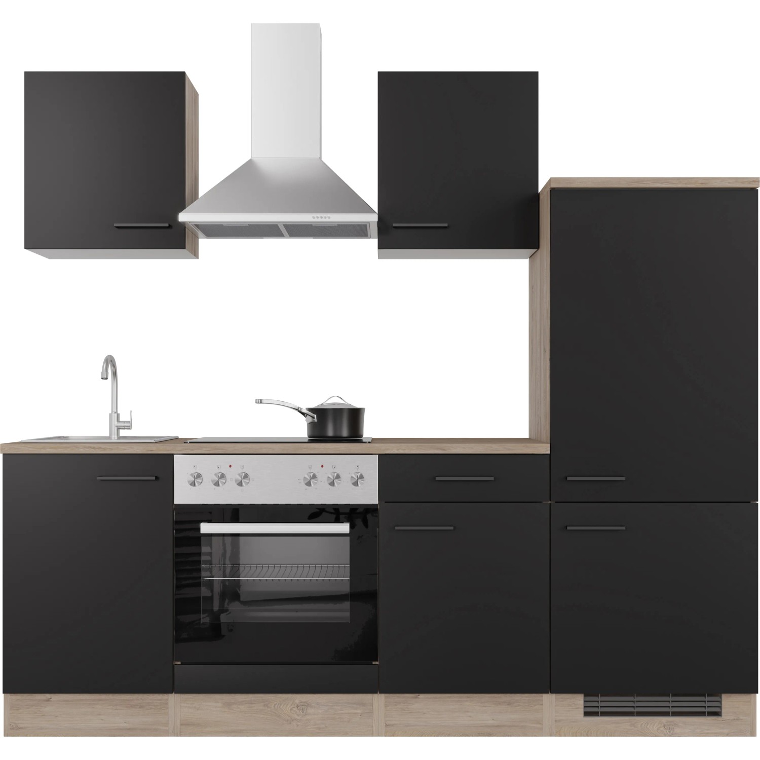 Flex-Well Küchenzeile Capri, 220 cm, Schwarz Matt/Endgrain Oak, mit E-Geräten.