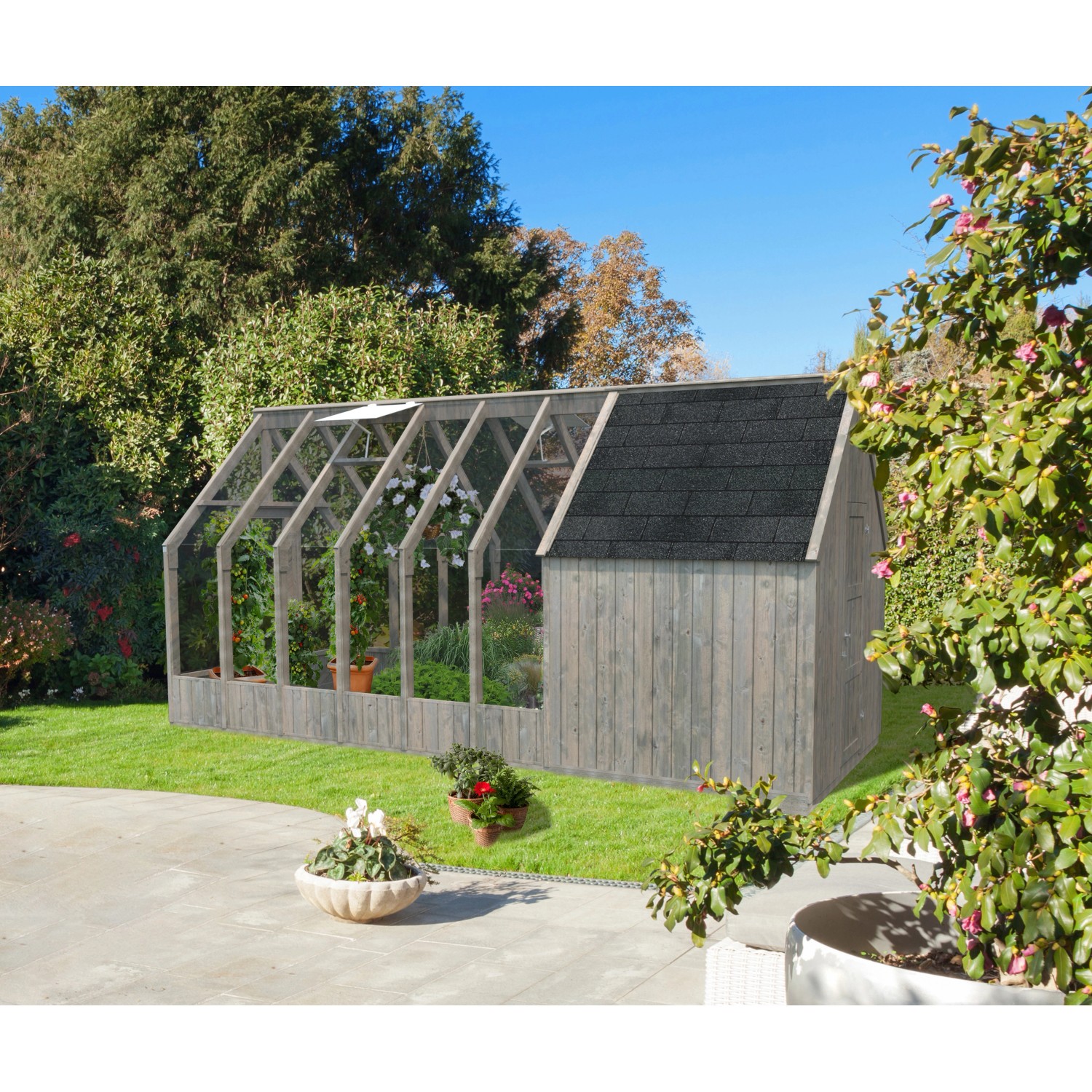 Palmako Geräteraum Emilia, 4 m², grau, kesseldruckimprägniert im Garten. Holz-Gartenhaus mit Glasfront.