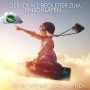 Grüner Cyberlux CL-700 CD-Player auf Wolke, Kind im Flieger-Outfit fliegt auf Koffer. Tragbares CD/MP3/USB Radio zum Einschlafen.
