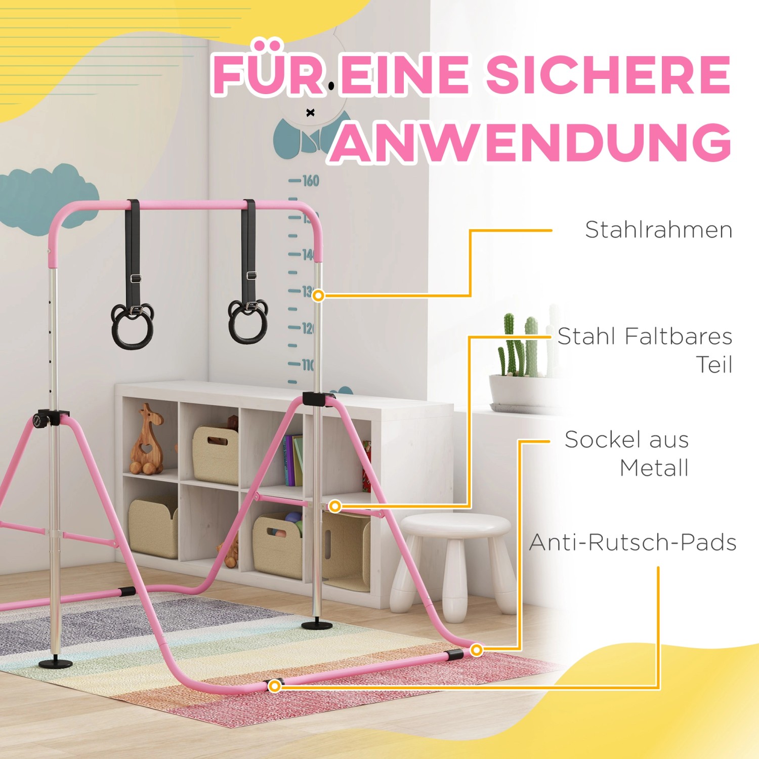 HOMCOM Kinderturnstange, rosa Stahl, höhenverstellbar mit Turnringen für sicheres Training.