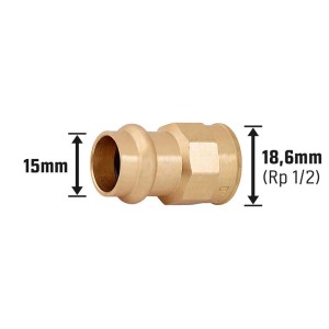 Übergangsmuffe aus Rotguss, 15 mm x 18,6 mm (Rp 1/2), für Pressfittings.