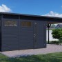 Anthrazitfarbenes Bertilo Holz-Gartenhaus Pentus 3 Lounge mit Überdachung und Fenstern.