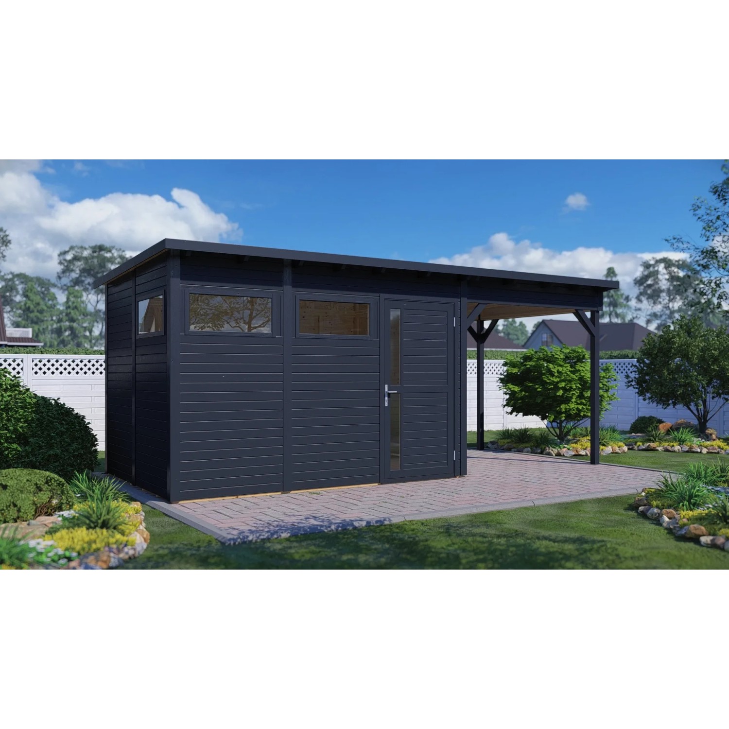 Anthrazitfarbenes Bertilo Holz-Gartenhaus Pentus 3 Lounge mit Überdachung und Fenstern.