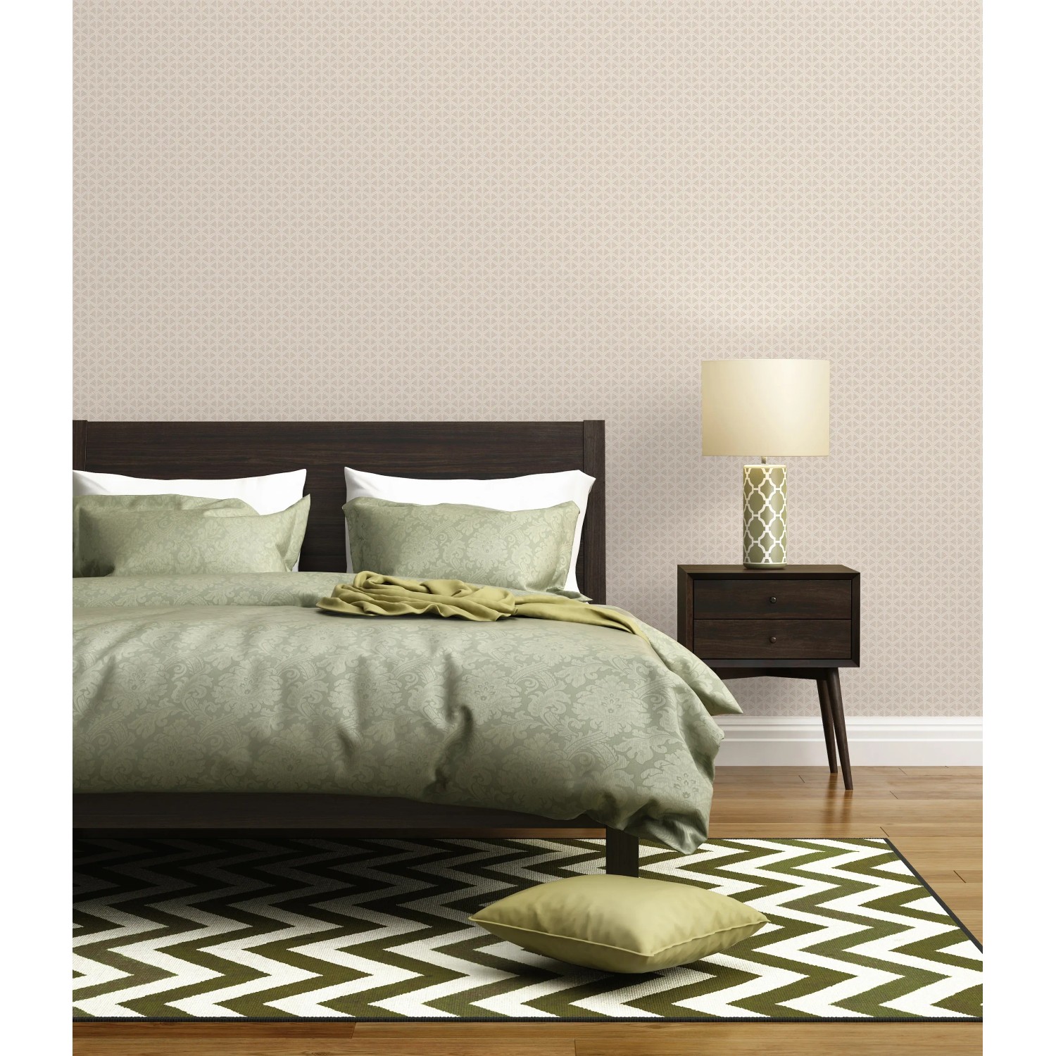 Beige-weiße A.S. Création Vliestapete Art Deco mit Glitzer und leichter Struktur im Schlafzimmer.