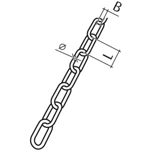 Abbildung einer Stahl-Uhrkette (Meterware) mit Maßangaben für Durchmesser und Länge.
