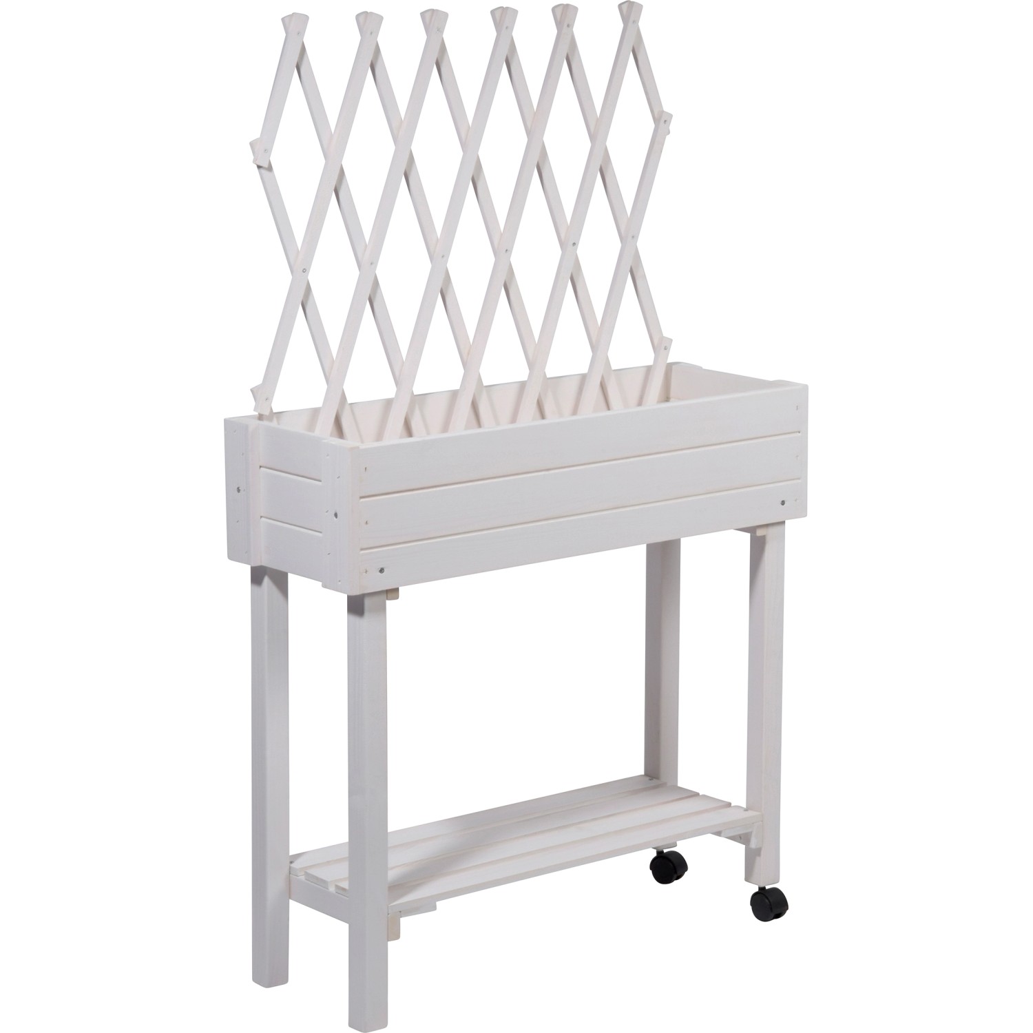 Weißes, rollbares Hochbeet mit Rankhilfe von Dobar, 130x79x28,5 cm. Holz-Hochbeet mit Ablage.