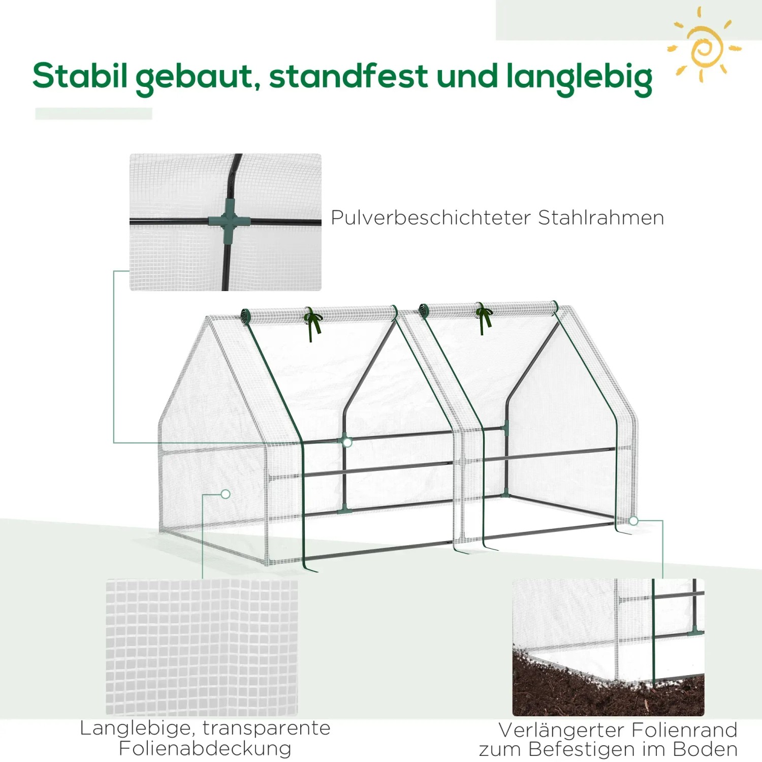 Outsunny Gewächshaus mit Stahlrahmen und PE-Folie, zwei Fenster.