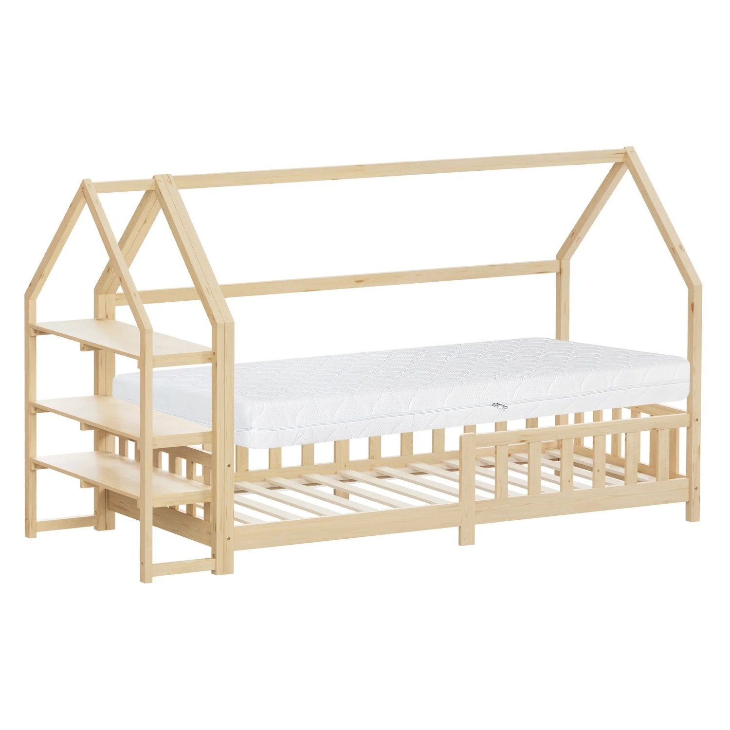 ML-Design Kinderbett 90x200 cm mit Matratze & Regal Natur Kiefernholz