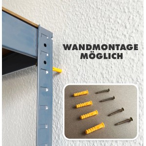 Detailaufnahme: Graues Schwerlastregal mit Wandmontage-Option, Dübel und Schrauben.