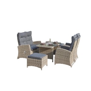 Beiges 6-teiliges Westside Lounge-Set Bergamo aus Polyrattan mit Tisch, Sesseln, Bank und Hocker.