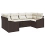 Braunes 6-teiliges Garten-Sofa-Set aus Poly Rattan mit cremefarbenen Kissen.