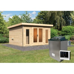 Saunahaus Magnus 2-Set mit Ofen und Steuerung im Garten.