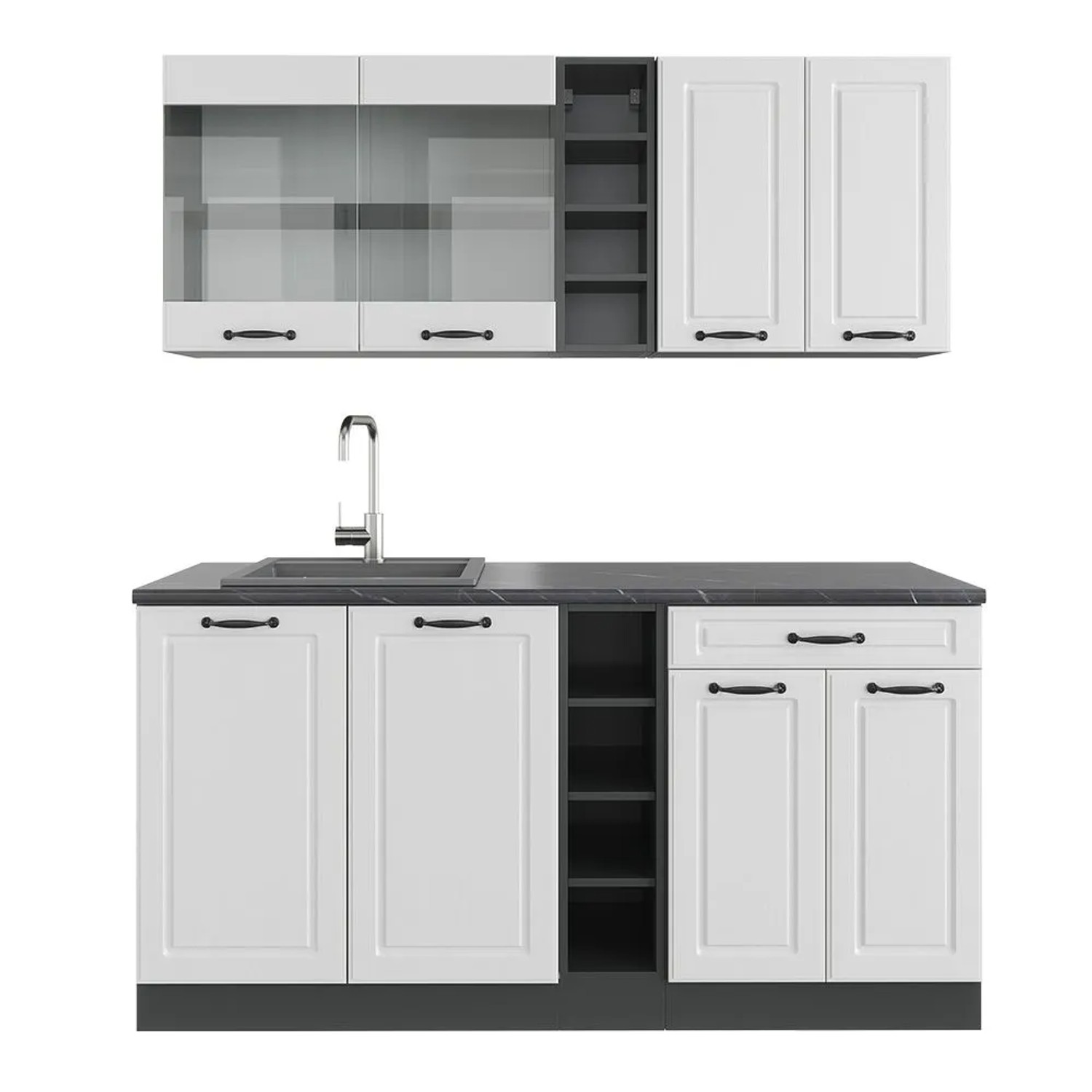 Vicco R-Line Singleküche Weiß Landhaus Anthrazit 160 cm ohne Arbeitsplatte ohne E-Geräte