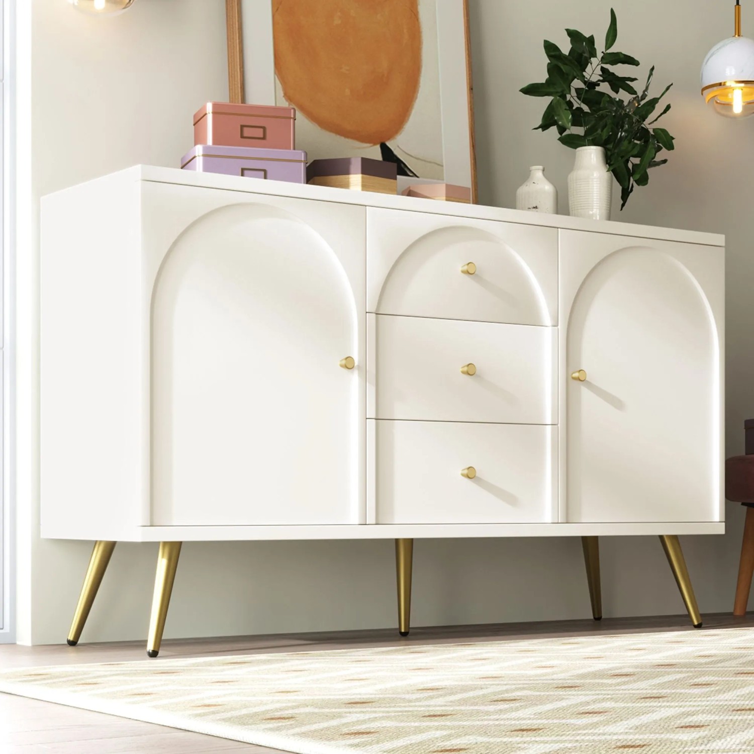 Merax Kommode creme-weiß, 3 Schubladen, geschwungene Türen, goldene Füße. Stilvoller Wohnzimmerschrank.