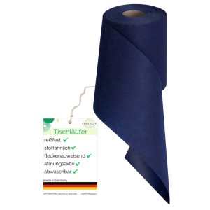 Dunkelblauer Sensalux Vlies-Tischläufer, 15 cm breit, auf Rolle.