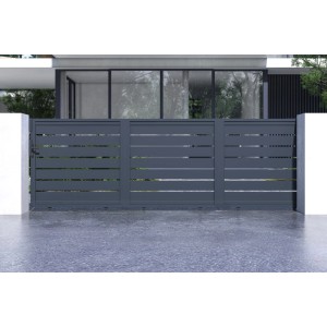 Graues Casanoov Schiebetor Vogel 4,5 m aus Aluminium mit horizontalen Lamellen.