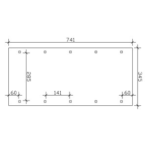 Skizze Walmdach-Einzelcarport Spreewald mit Maßangaben: 345 x 741 cm, Pfostenpositionen.