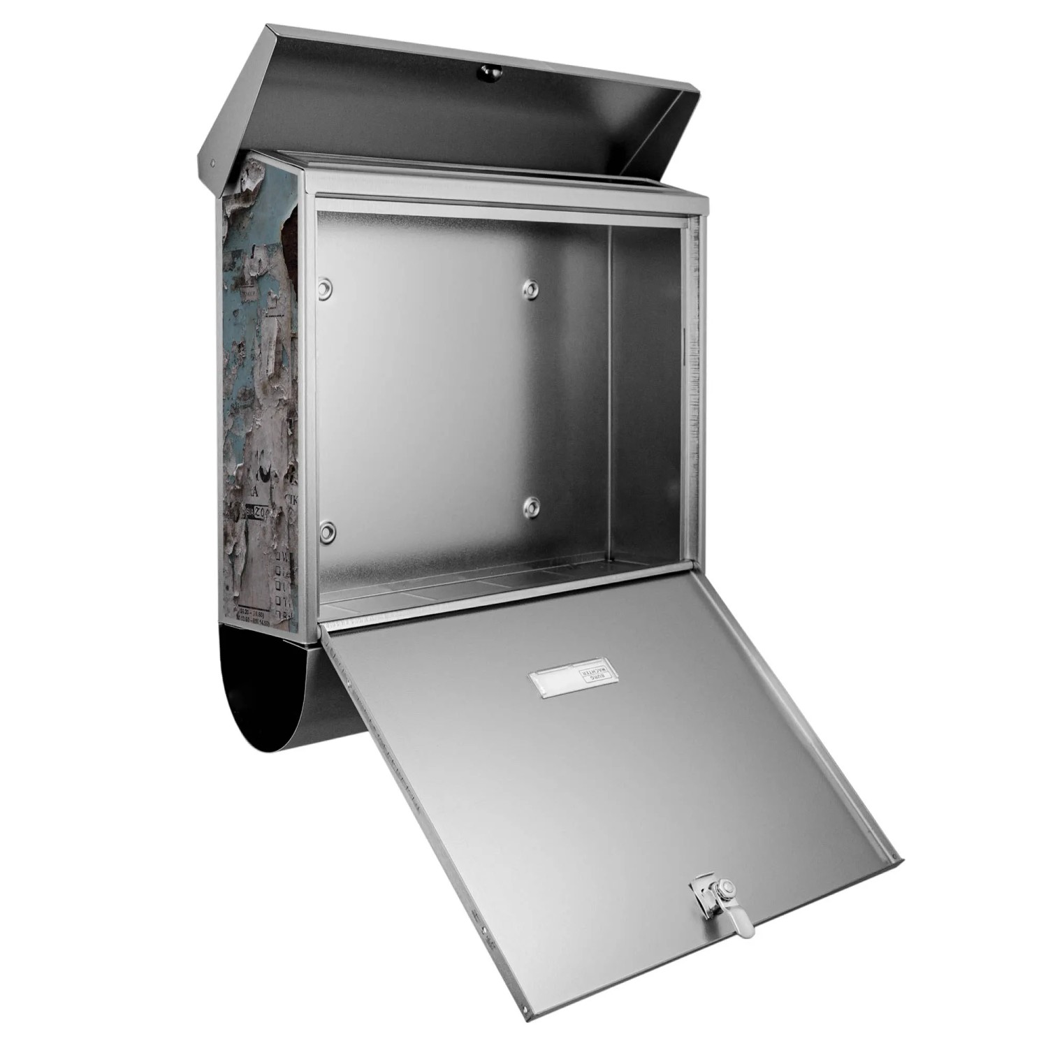 Offener Banjado Edelstahl Briefkasten mit Zeitungsfach und Wand-Motiv.