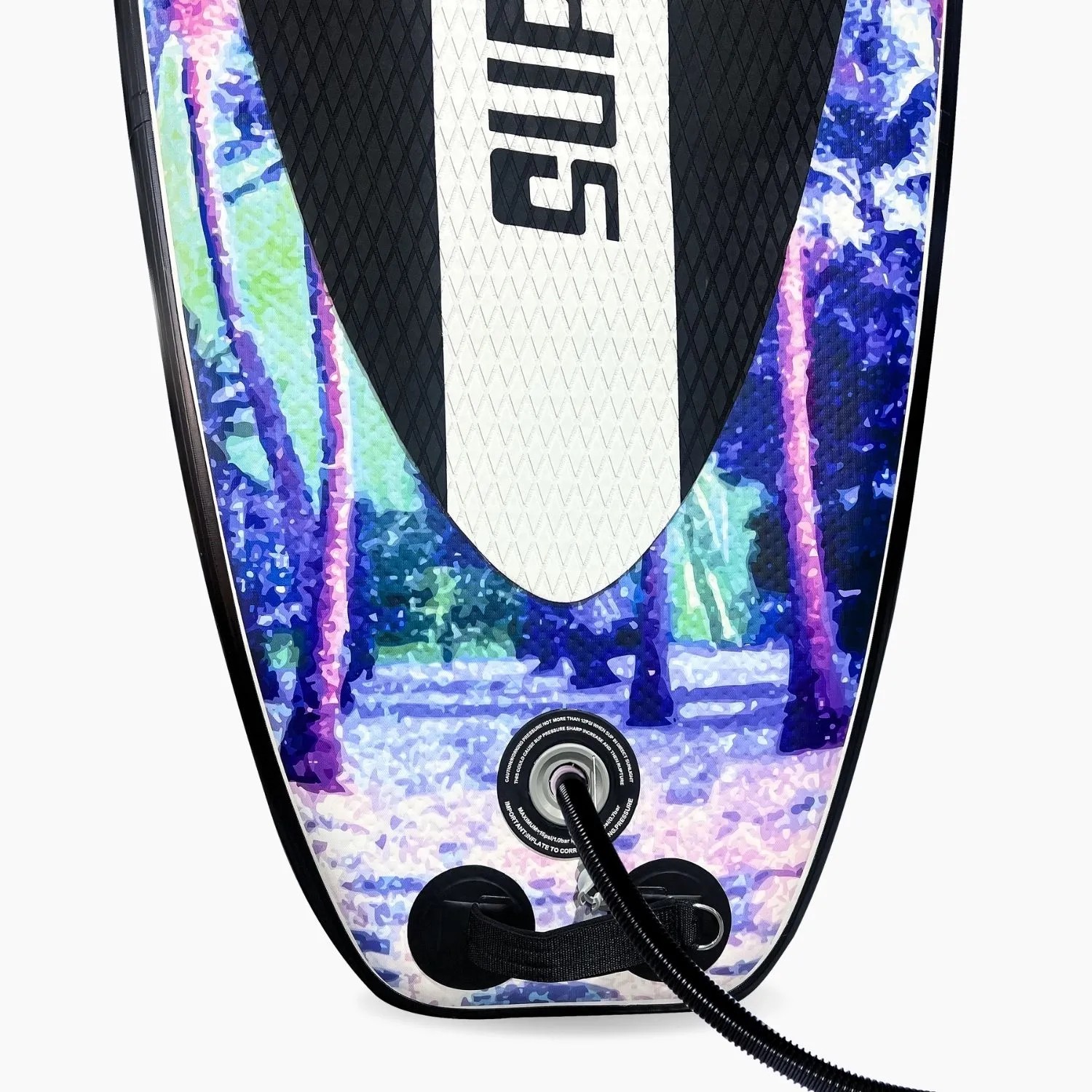 Suprfit SUP Board Sunset Vice: Heck mit tropischem Palmen-Design in Blau, Pink, Türkis und schwarzer Leash.