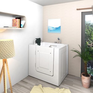 Weiße Senioren Sitzbadewanne mit Tür, Armaturen und Nackenstütze, 78x100 cm.