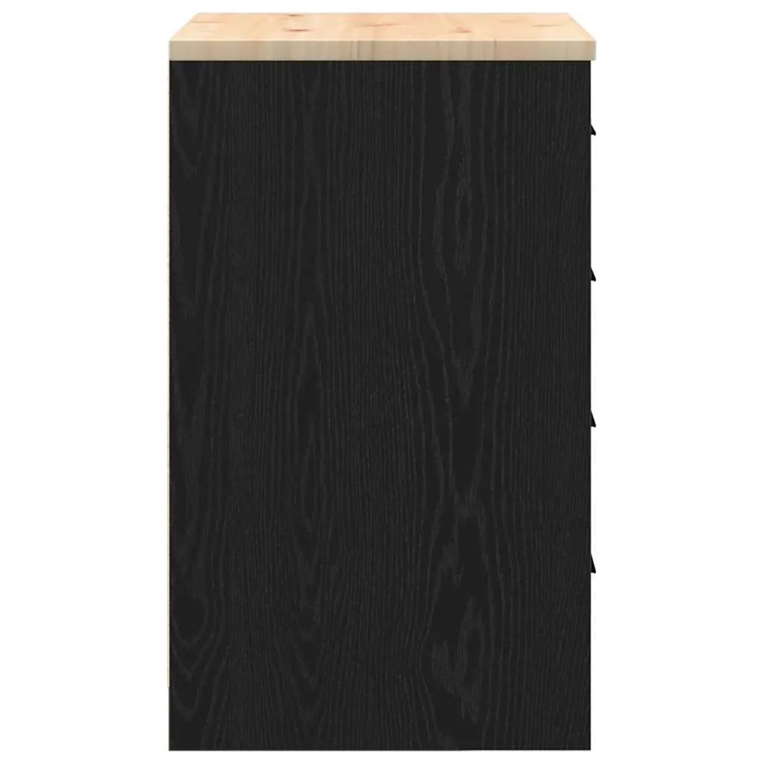 Schwarzer vidaXL Werkzeugschrank aus Kiefernholz mit Schubladen und unbehandelter Holzplatte.