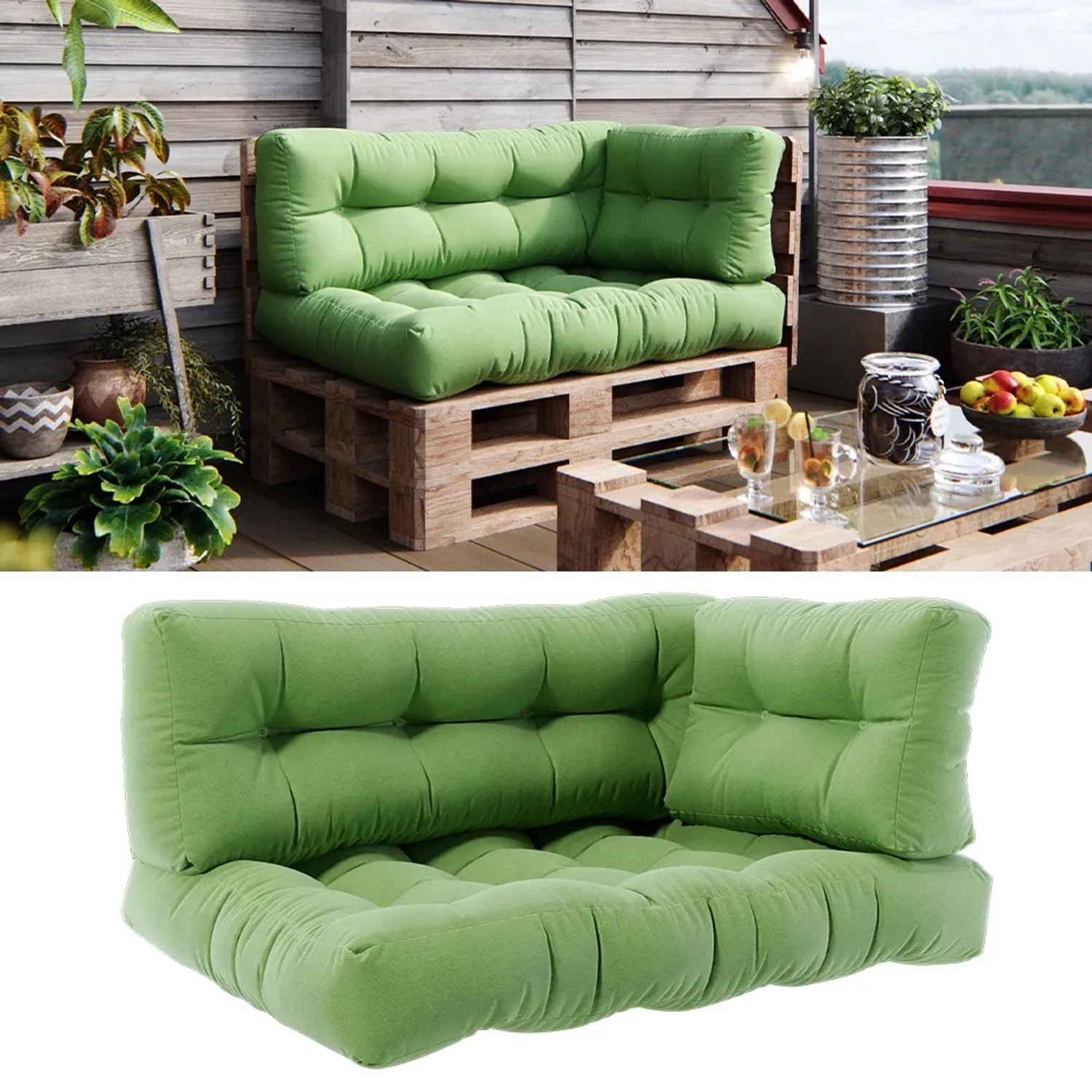 Vicco Palettenkissen Set Grün, 3-teilig. Bequeme Sitzkissen für Palettenmöbel im Garten oder Wohnbereich.