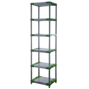 Hohes, graues PROREGAL Kunststoffregal Grey Bear mit 6 Böden und grünen Details. Ideal für Keller und Garage.