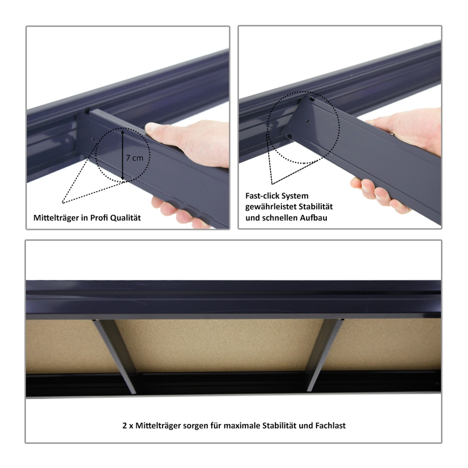 Detailansicht PROREGAL Werkbank Dino: Mittelträger für Stabilität und schnellen Aufbau.