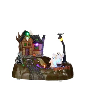 Luville Halloween-Haus mit Gespenstern, beleuchtet. Detailreiche Dekoration für eine gruselige Szene.