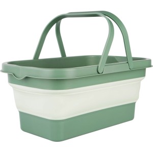 Faltbarer, grün-weißer Tragekorb (47cm) für Camping & Freizeit. Praktischer Einkaufskorb mit Tragegriffen.