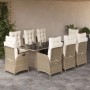 Beige 9-teilige Garten Essgruppe aus Polyrattan mit Kissen. Gartenmöbel-Set mit Tisch und 8 Stühlen.