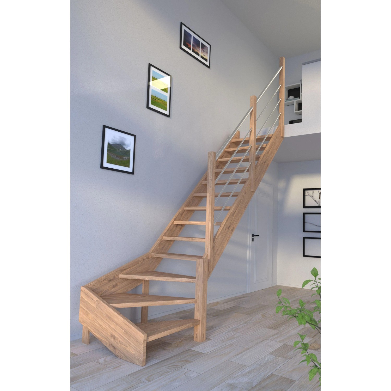 Holztreppe Mykonos Pro Eiche, 1/4 gewendelt, mit Edelstahl-Geländer. Offene Innentreppe aus Eichenholz.