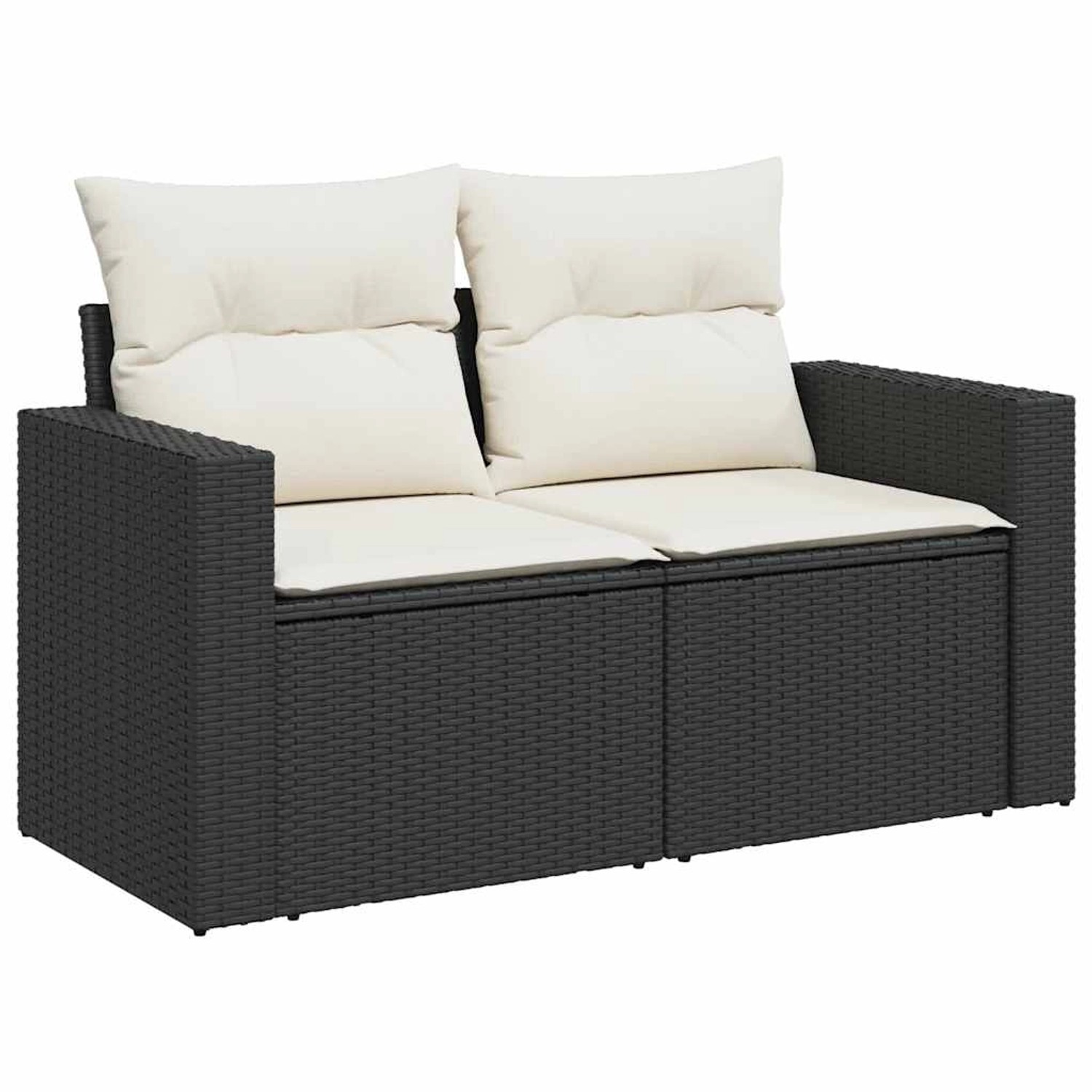 Schwarze vidaXL Garten-Sofagarnitur aus Rattan mit cremeweißen Kissen.