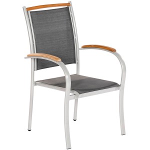 Merxx Gartenmöbel Siena Stuhl mit Akazienholz-Armlehnen und grauem Textilbezug.