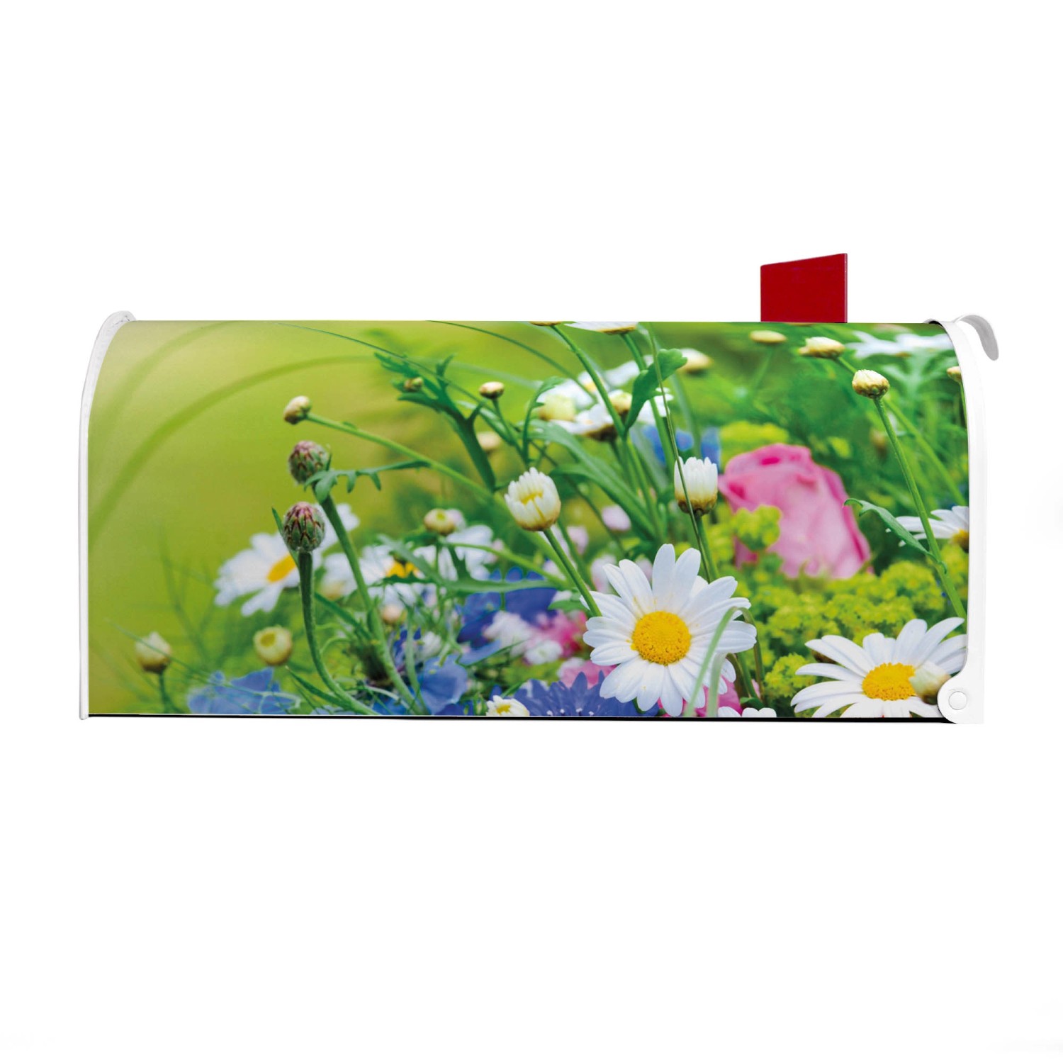 Weißer US Briefkasten mit Blumenmotiv. Amerikanischer Postkasten aus Stahl, pulverbeschichtet.