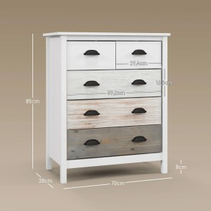 Weiße HOMCOM Kommode mit 5 Schubladen und schwarzen Griffen, 70x38x85 cm.