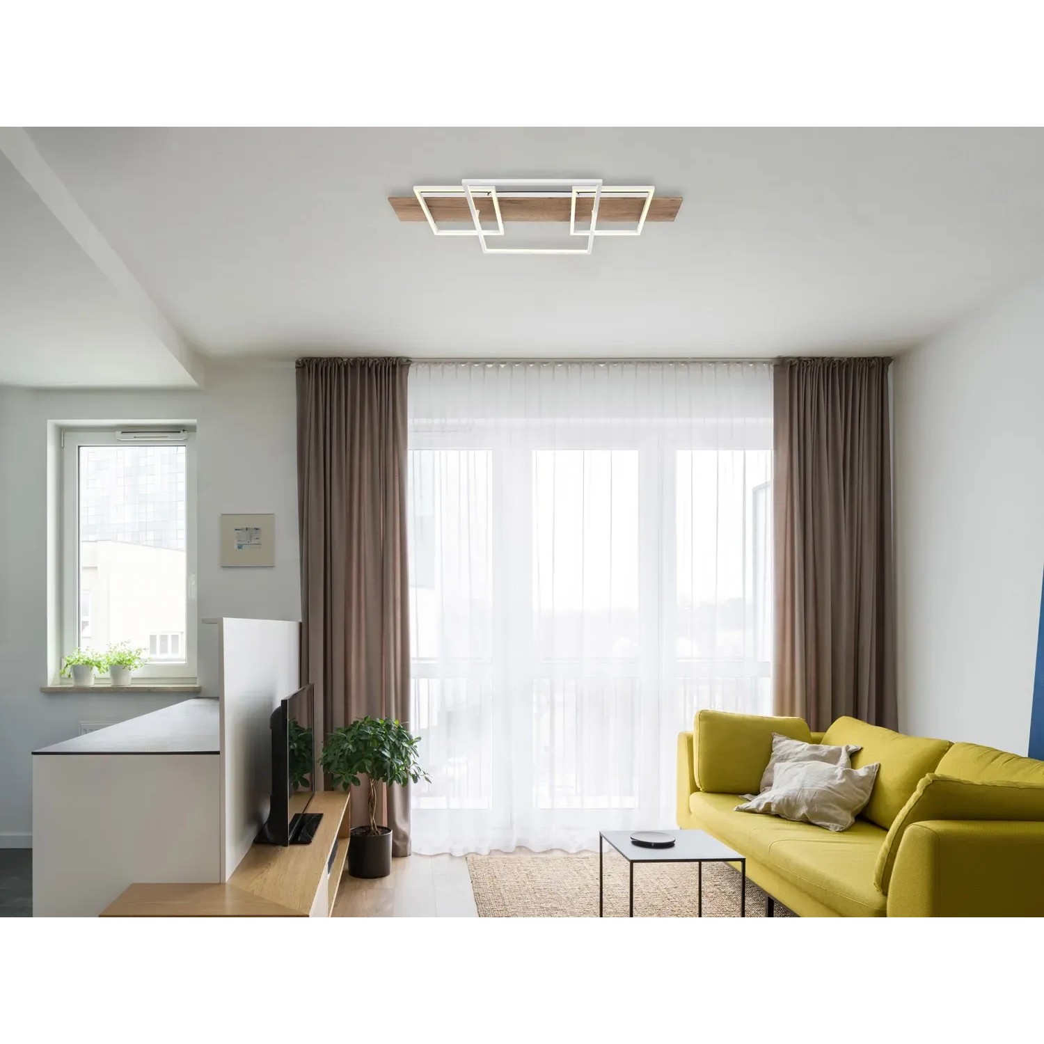 Moderne Globo LED-Deckenleuchte Vanni in Holzfarben/Weiß (95x40 cm) im Wohnraum.