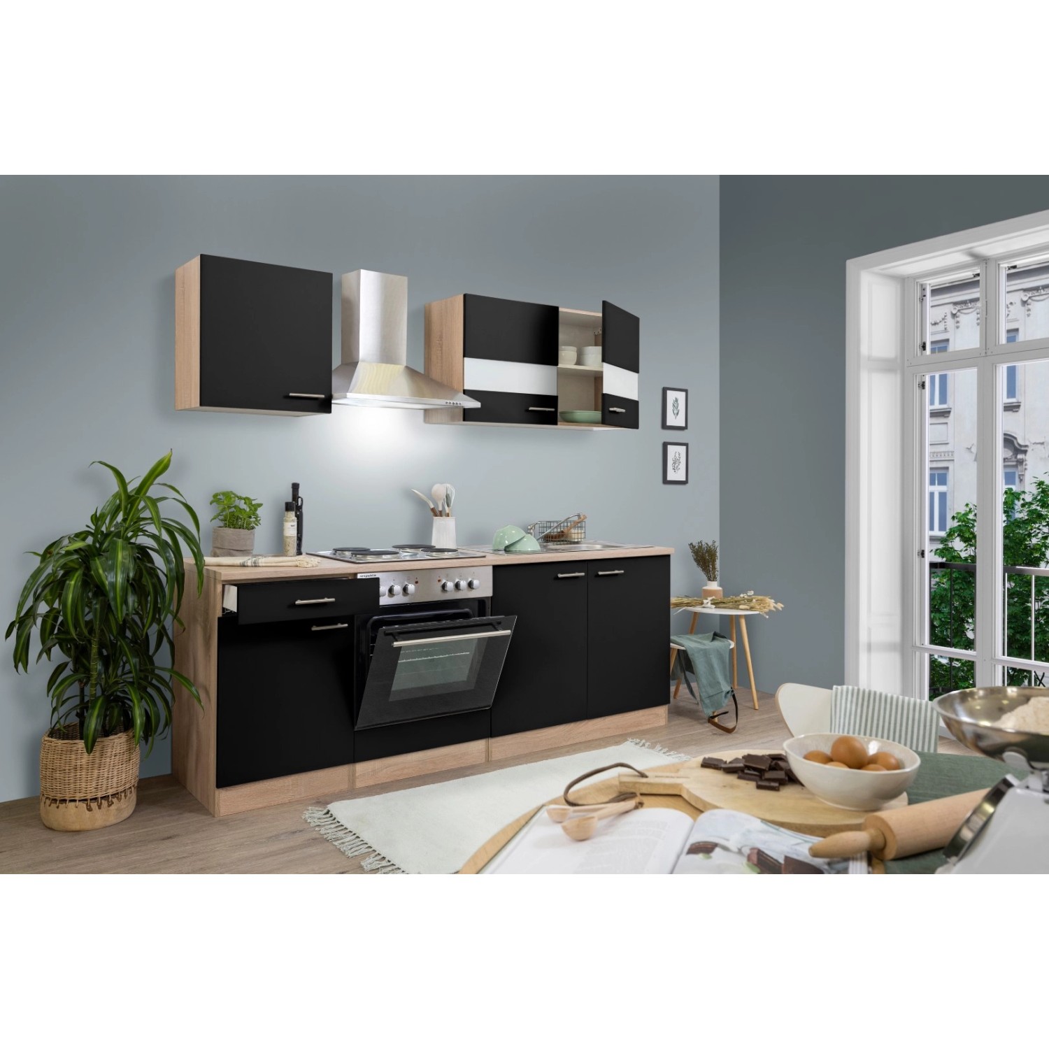 Respekta Küchenzeile/Küchenblock KB210ESS 210 cm Schwarz-Eiche Sägerau Nachbildung