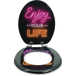 Sanfino WC-Sitz Enjoy Life mit Absenkautomatik, schwarzer Toilettendeckel mit Neonschriftzug.