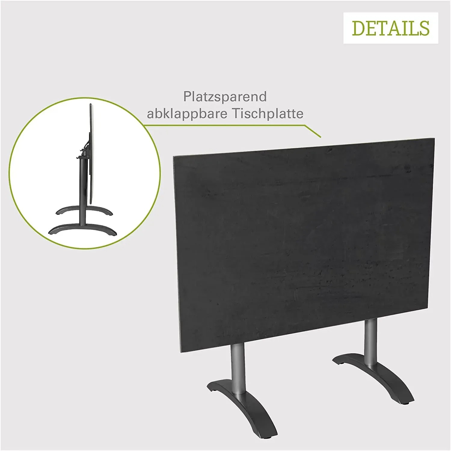 Rechteckiger, anthrazitfarbener Acamp Klapptisch (120x80 cm) mit Cemento-Optik, platzsparend zusammenklappbar.