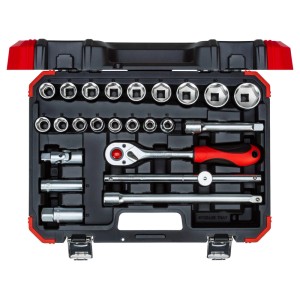 Gedore Steckschlüsselsatz 1/2 Zoll, 24-teilig, im roten Kunststoffkoffer.