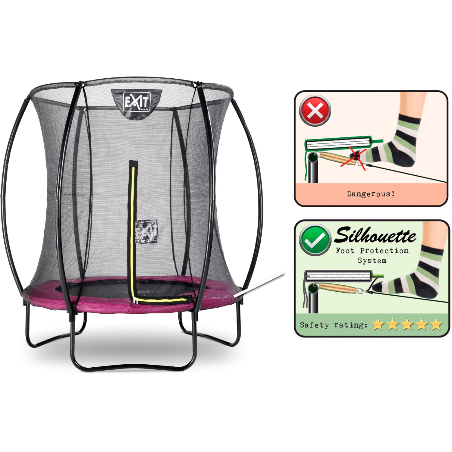 EXIT Silhouette Trampolin D183cm in Rosa mit Sicherheitsnetz und Fußschutzsystem.