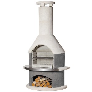 Buschbeck Grillkamin Wellington, weiß-anthrazit, mit Holzscheiten im Lagerfach.