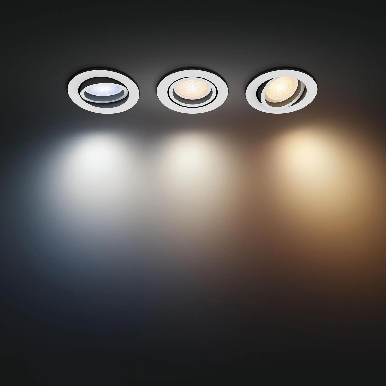 Philips Hue Milliskin Einbauspots, 3er-Pack, verschiedene Weißtöne.