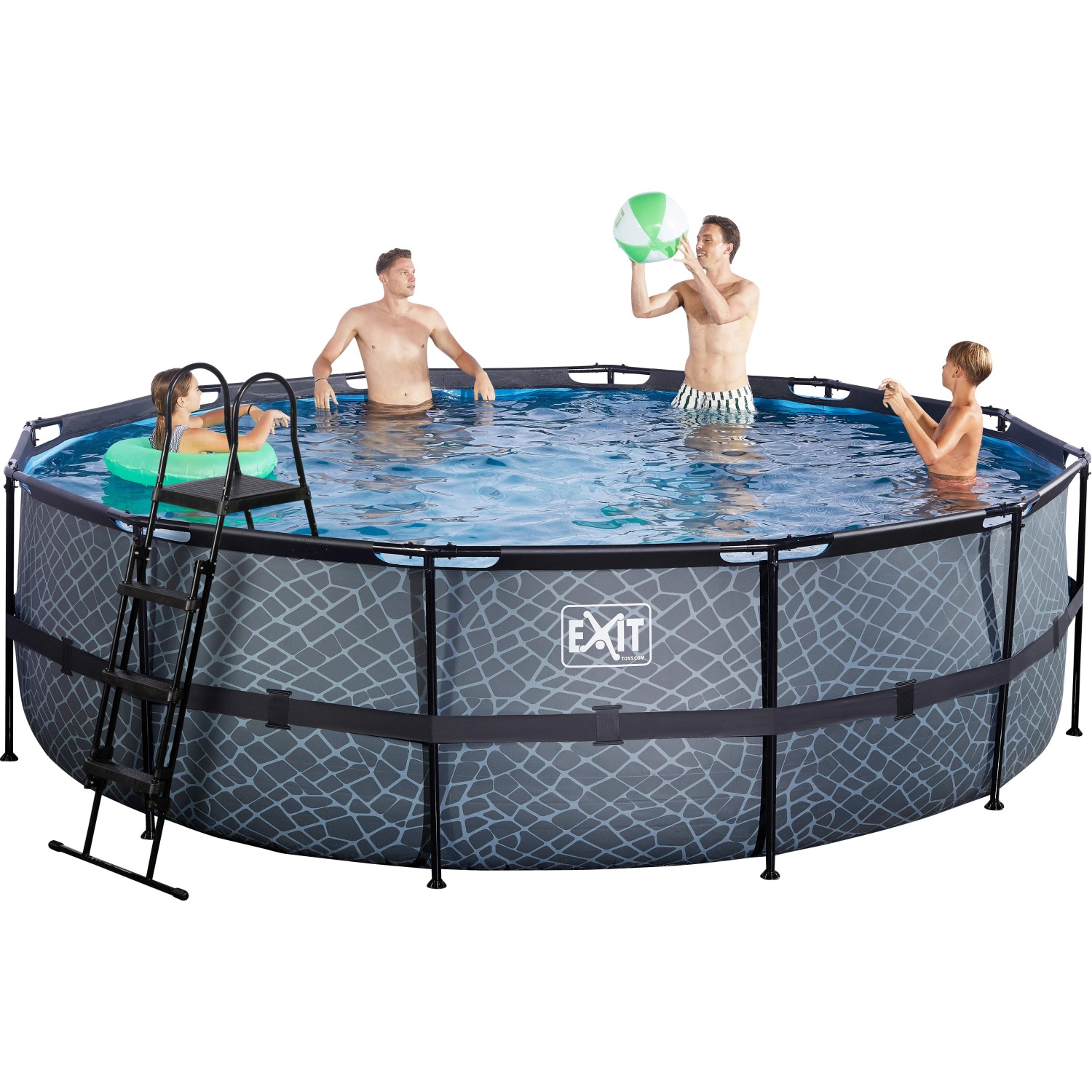Grauer EXIT Stone Pool ø 488 cm mit Leiter und Personen im Wasser.