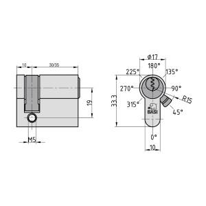 Technische Zeichnung Basi V50 Profil-Halbzylinder 10/30 mm, Maße und Details für Montage.